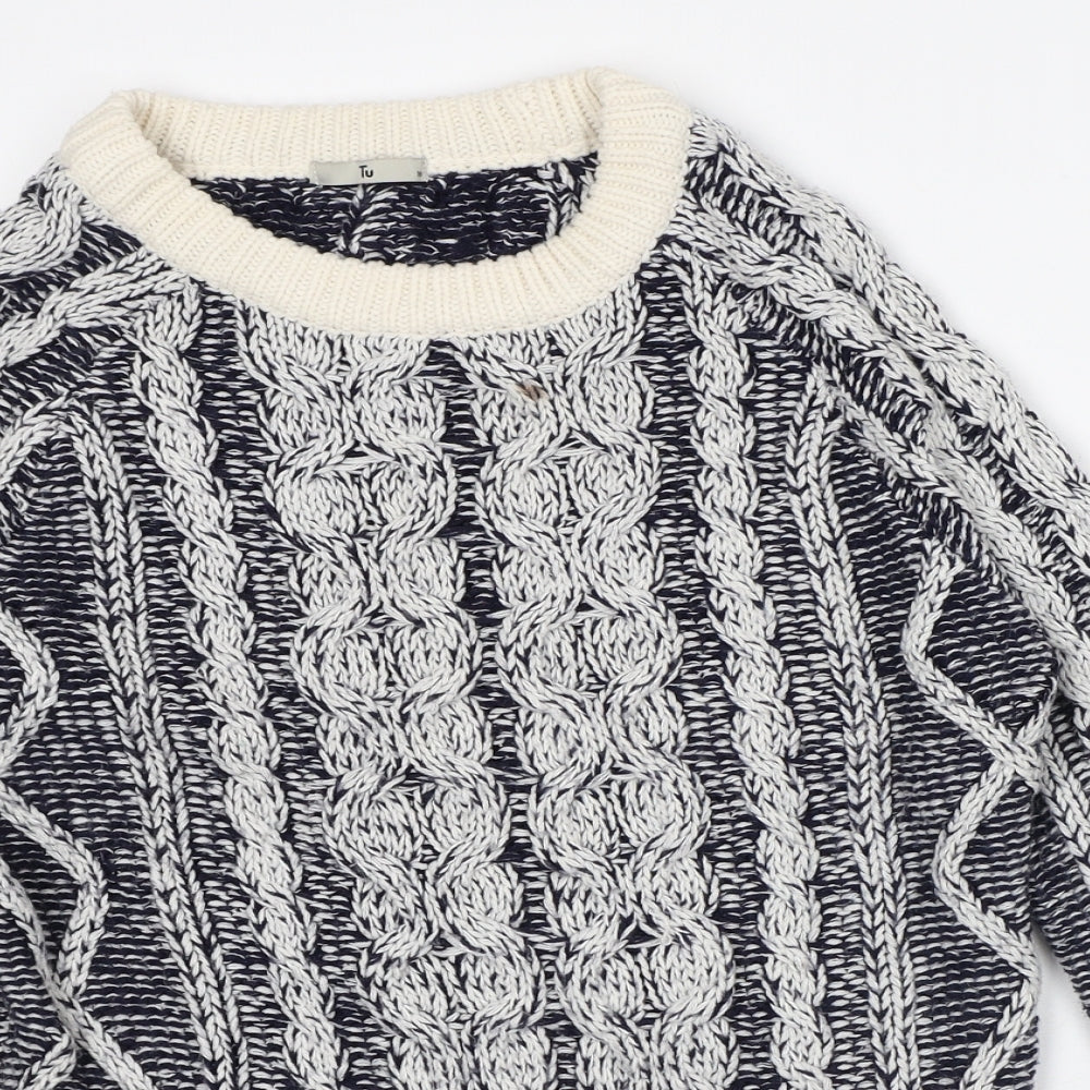 TU Womens Blue Round Neck Geometric Acrylic Pullover Jumper Size 10