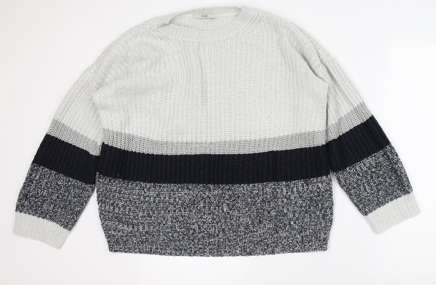 George Mens Grey Crew Neck Striped Acrylic Pullover Jumper Size L