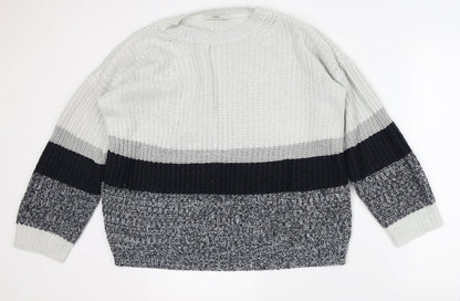 George Mens Grey Crew Neck Striped Acrylic Pullover Jumper Size L