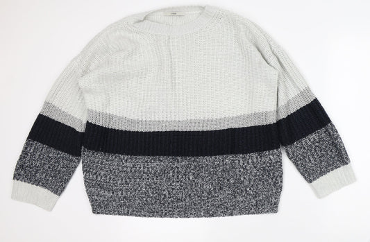 George Mens Grey Crew Neck Striped Acrylic Pullover Jumper Size L