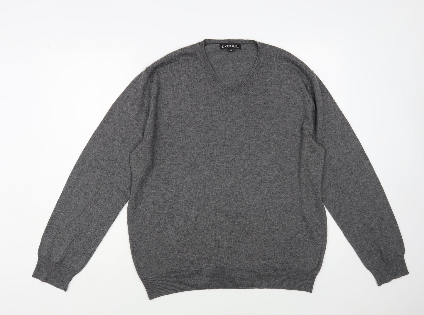 Avenue Mens Grey V-Neck Acrylic Pullover Jumper Size M