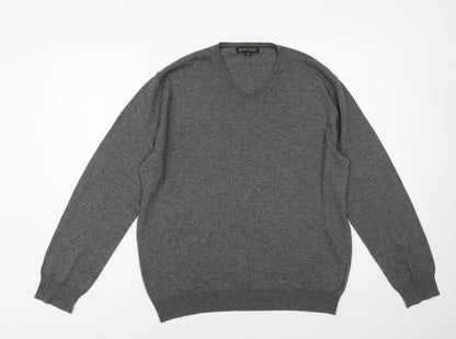 Avenue Mens Grey V-Neck Acrylic Pullover Jumper Size M