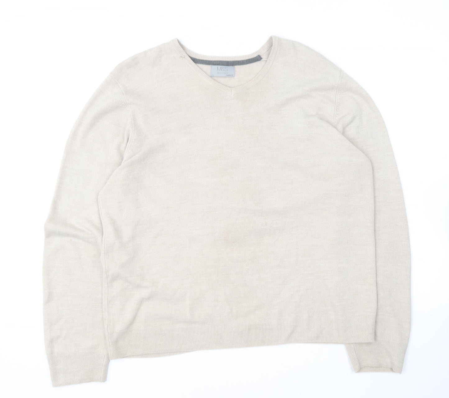 Marks and Spencer Mens Beige V-Neck Acrylic Pullover Jumper Size XL
