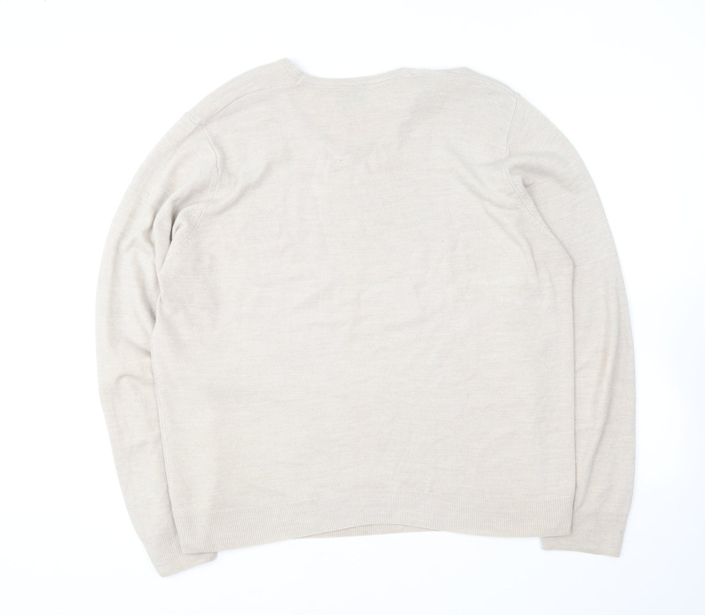 Marks and Spencer Mens Beige V-Neck Acrylic Pullover Jumper Size XL