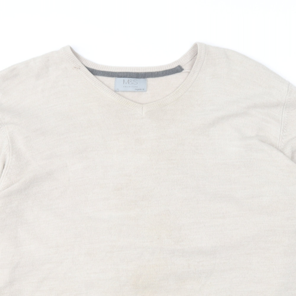 Marks and Spencer Mens Beige V-Neck Acrylic Pullover Jumper Size XL