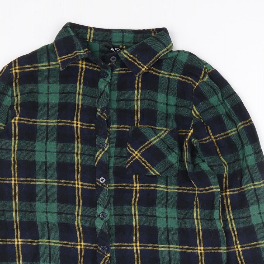 New Look Girls Green Plaid 100% Cotton Jersey Button-Up Size 12 Years Collared Button