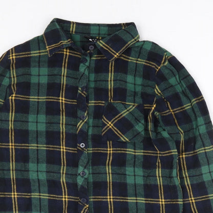 New Look Girls Green Plaid 100% Cotton Jersey Button-Up Size 12 Years Collared Button