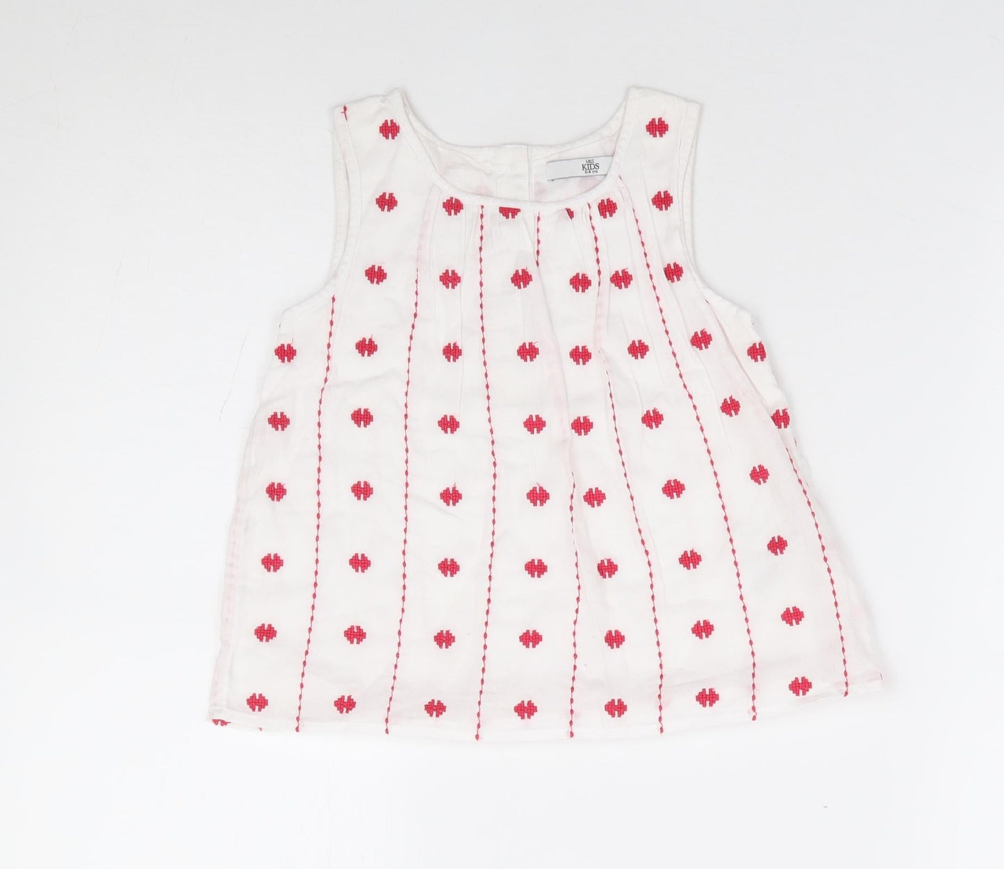 Marks and Spencer Girls Ivory Geometric 100% Cotton Jersey Tank Size 3-4 Years Round Neck Button
