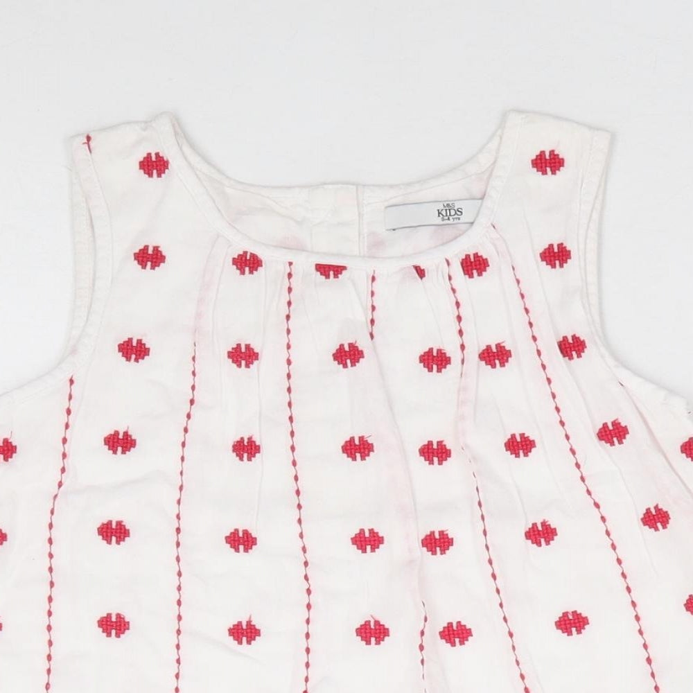 Marks and Spencer Girls Ivory Geometric 100% Cotton Jersey Tank Size 3-4 Years Round Neck Button