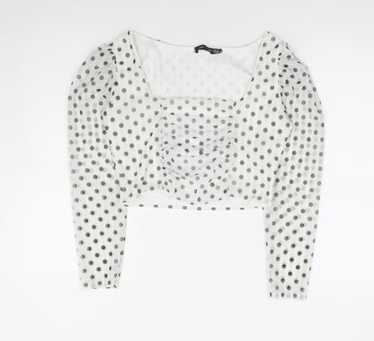 I SAW IT FIRST Womens Ivory Polka Dot Polyester Cropped Blouse Size 12 Square Neck