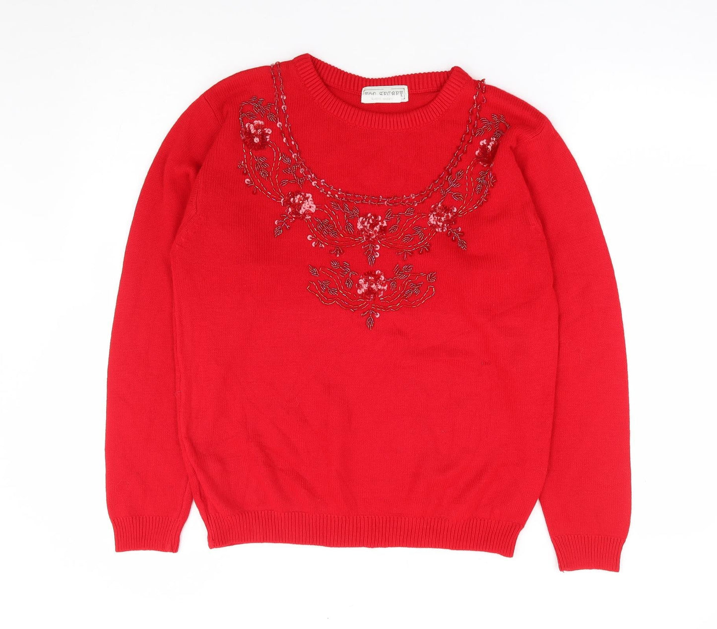 Top Secret Womens Red Round Neck Floral Acrylic Pullover Jumper Size M