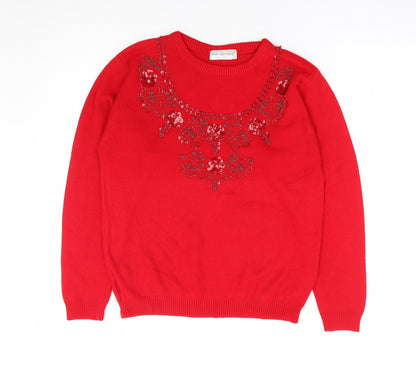 Top Secret Womens Red Round Neck Floral Acrylic Pullover Jumper Size M