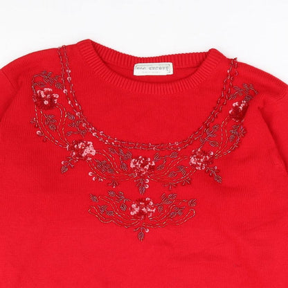 Top Secret Womens Red Round Neck Floral Acrylic Pullover Jumper Size M