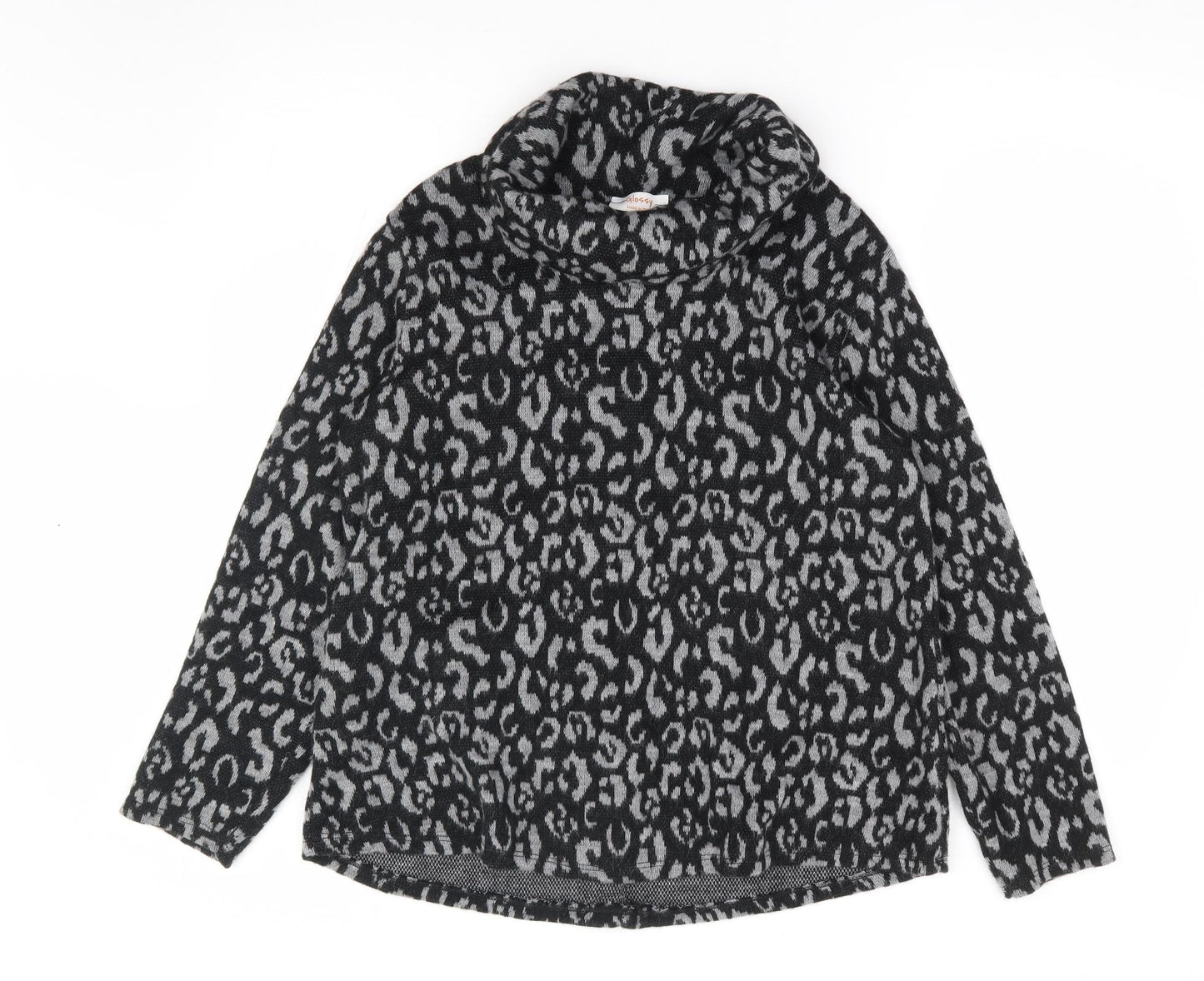 Glossy Womens Grey Roll Neck Animal Print Acrylic Pullover Jumper Size M