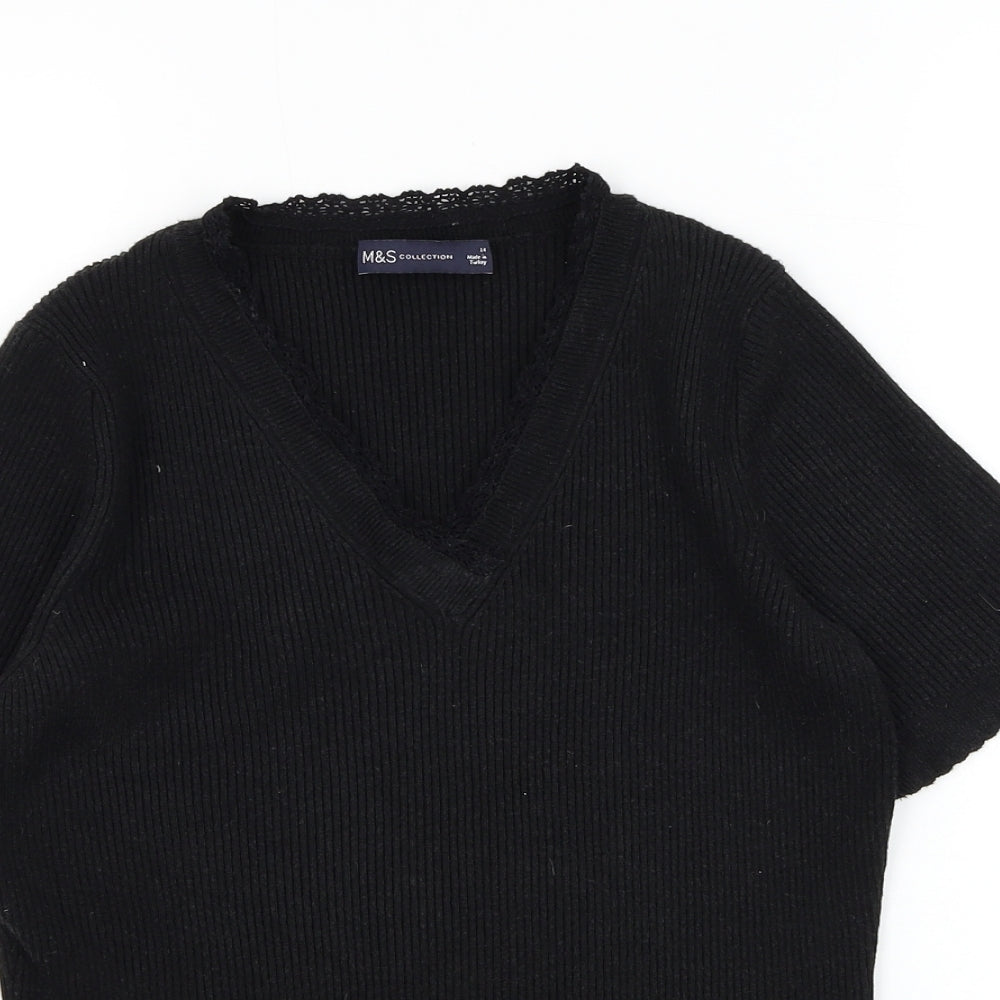 Marks and Spencer Womens Black V-Neck Polyester Pullover Jumper Size 14