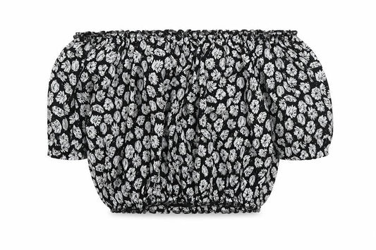 Missi London Womens Black Floral Polyester Cropped Blouse Size 8 Off the Shoulder