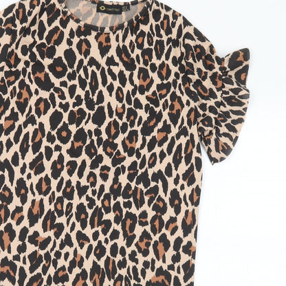 I SAW IT FIRST Womens Brown Animal Print Polyester Mini Size 8 Round Neck
