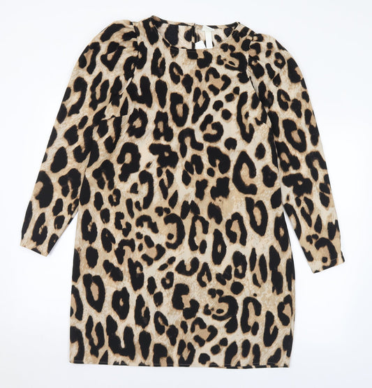 H&M Womens Brown Animal Print Polyester A-Line Size S Round Neck Zip