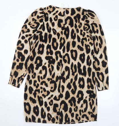H&M Womens Brown Animal Print Polyester A-Line Size S Round Neck Zip