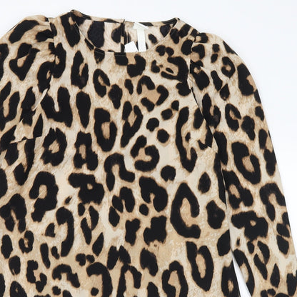 H&M Womens Brown Animal Print Polyester A-Line Size S Round Neck Zip