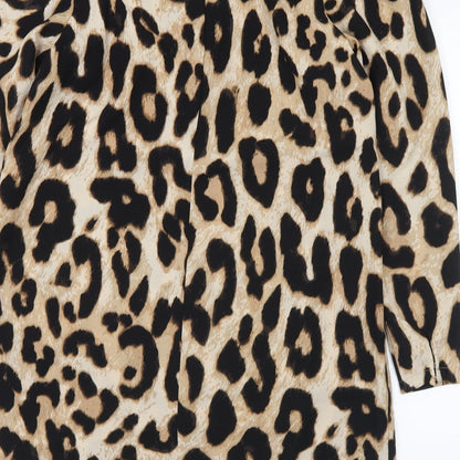 H&M Womens Brown Animal Print Polyester A-Line Size S Round Neck Zip