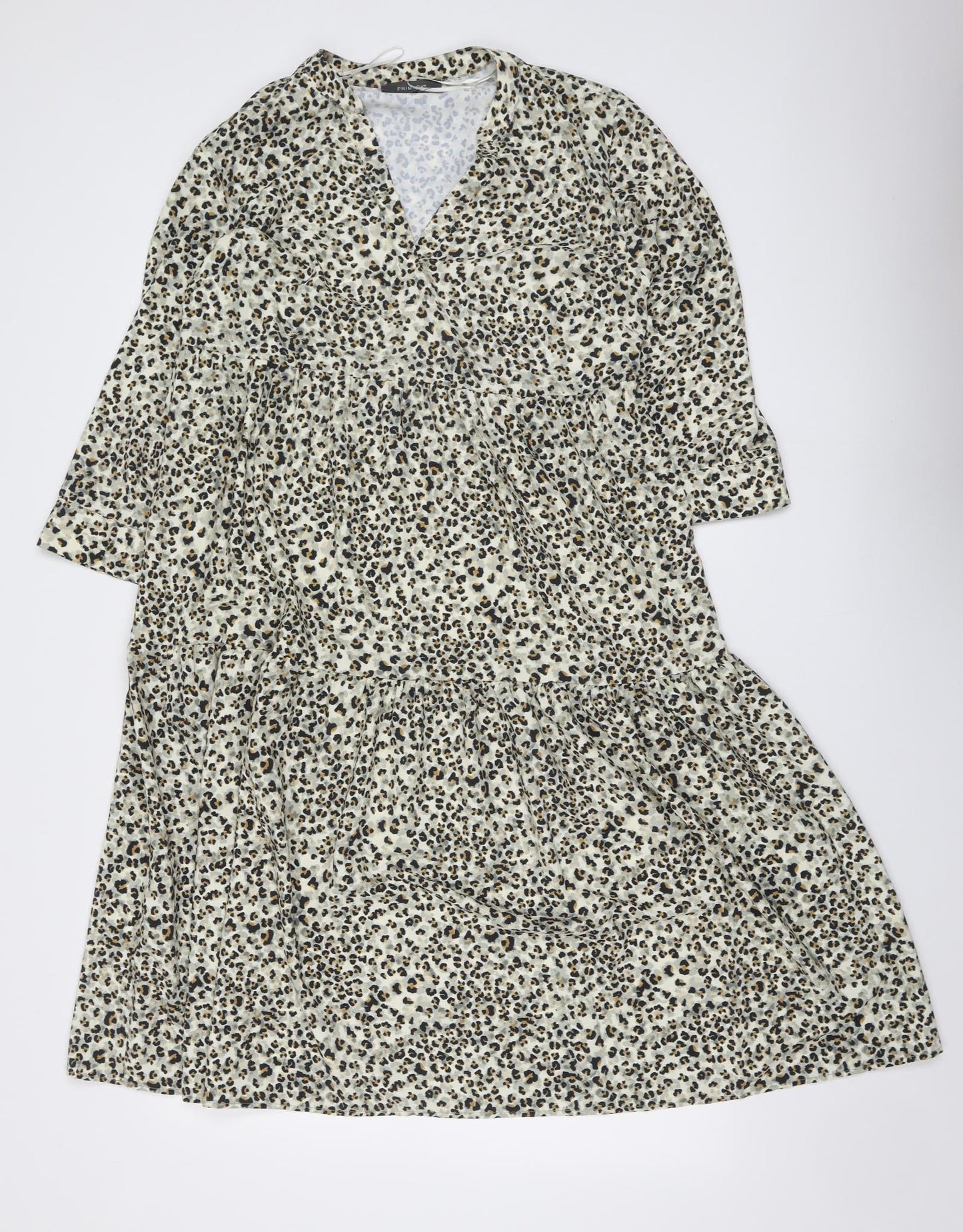 Primark Womens Beige Animal Print Polyester Skater Dress Size 10 V-Neck