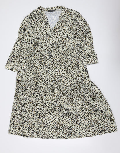 Primark Womens Beige Animal Print Polyester Skater Dress Size 10 V-Neck