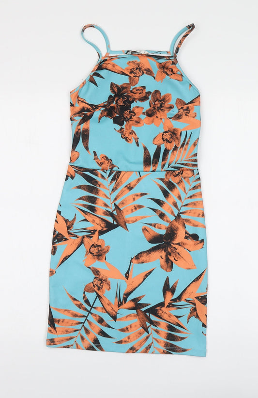Miss Selfridge Womens Blue Floral Polyester Bodycon Size 8 Halter