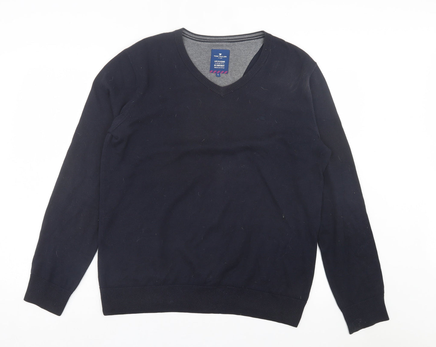 TOM TAILOR Mens Blue V-Neck Cotton Pullover Jumper Size L