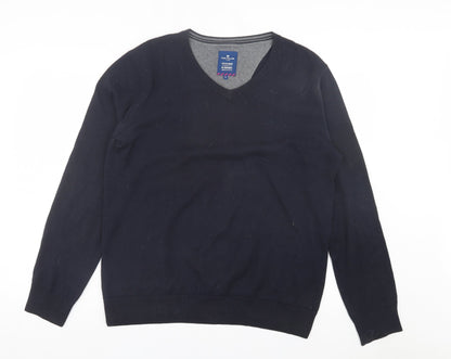 TOM TAILOR Mens Blue V-Neck Cotton Pullover Jumper Size L