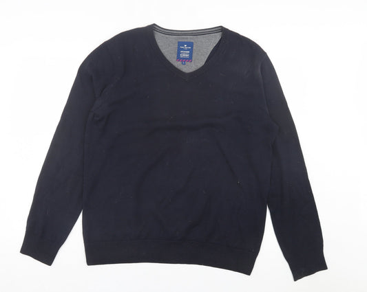 TOM TAILOR Mens Blue V-Neck Cotton Pullover Jumper Size L
