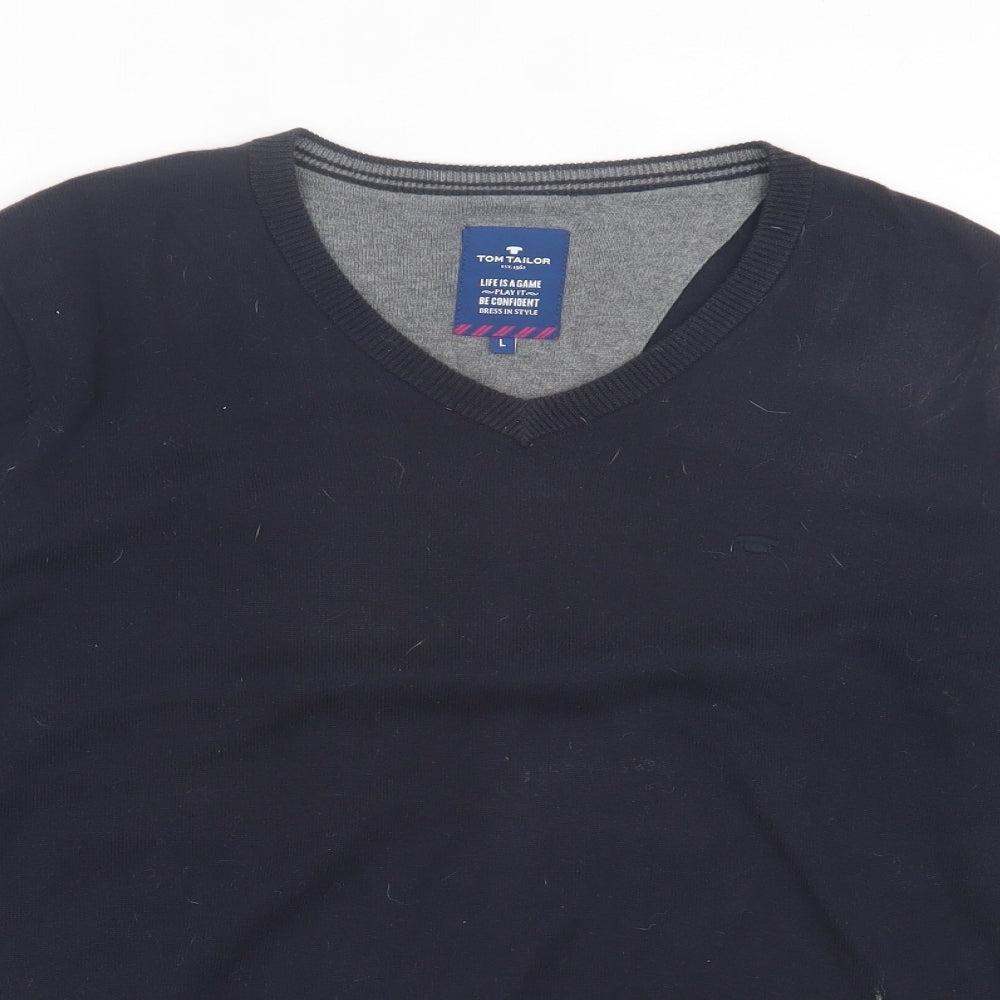 TOM TAILOR Mens Blue V-Neck Cotton Pullover Jumper Size L