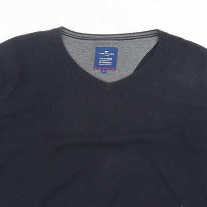 TOM TAILOR Mens Blue V-Neck Cotton Pullover Jumper Size L