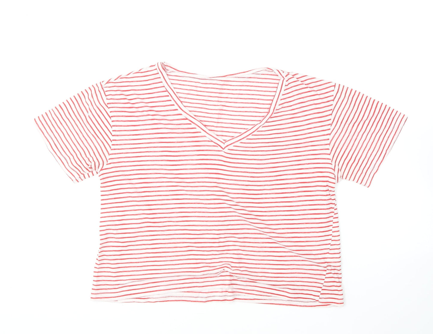 SheIn Womens Red Striped Cotton Basic T-Shirt Size L V-Neck