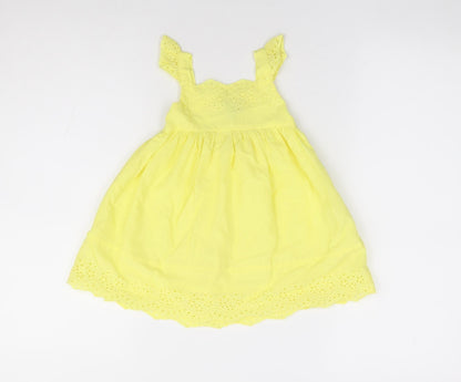Peacocks Girls Yellow 100% Cotton Fit & Flare Size 6-9 Months Square Neck Pullover