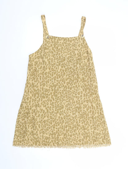 Ghanda Womens Brown Animal Print 100% Cotton Pinafore/Dungaree Dress Size S Square Neck Zip - Distressed Hem