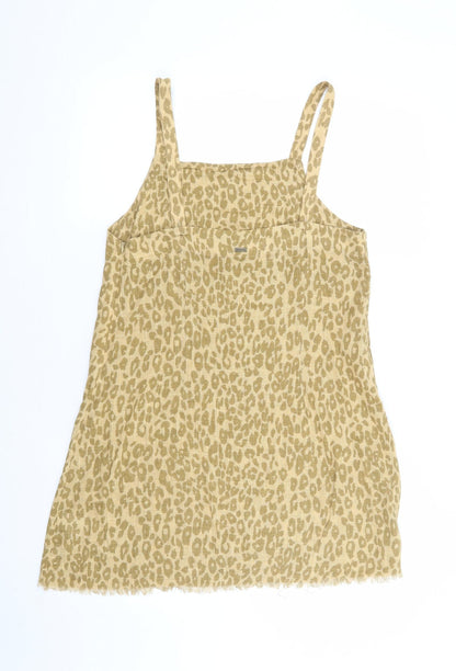 Ghanda Womens Brown Animal Print 100% Cotton Pinafore/Dungaree Dress Size S Square Neck Zip - Distressed Hem