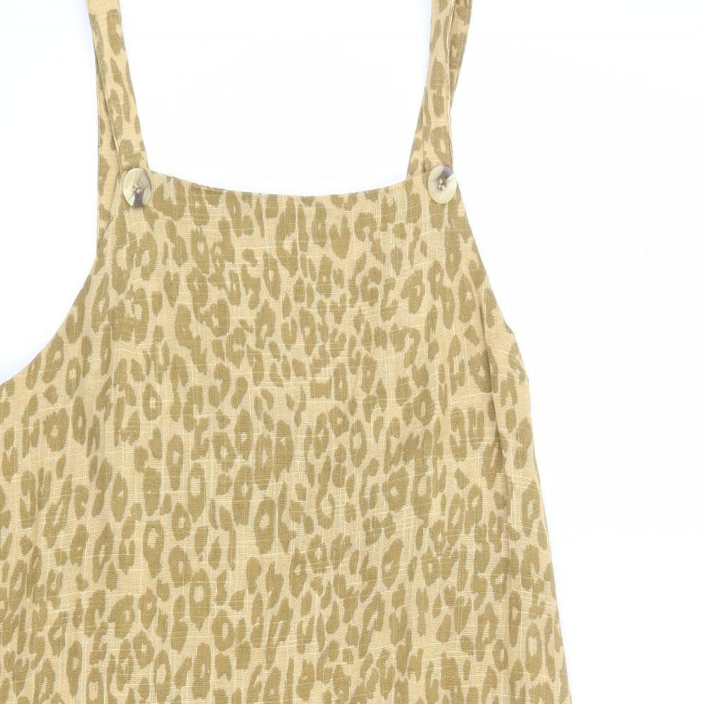 Ghanda Womens Brown Animal Print 100% Cotton Pinafore/Dungaree Dress Size S Square Neck Zip - Distressed Hem