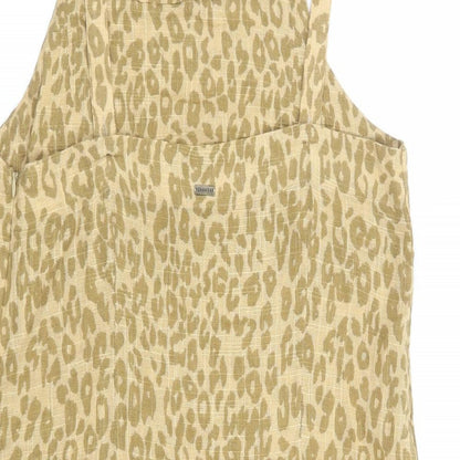 Ghanda Womens Brown Animal Print 100% Cotton Pinafore/Dungaree Dress Size S Square Neck Zip - Distressed Hem