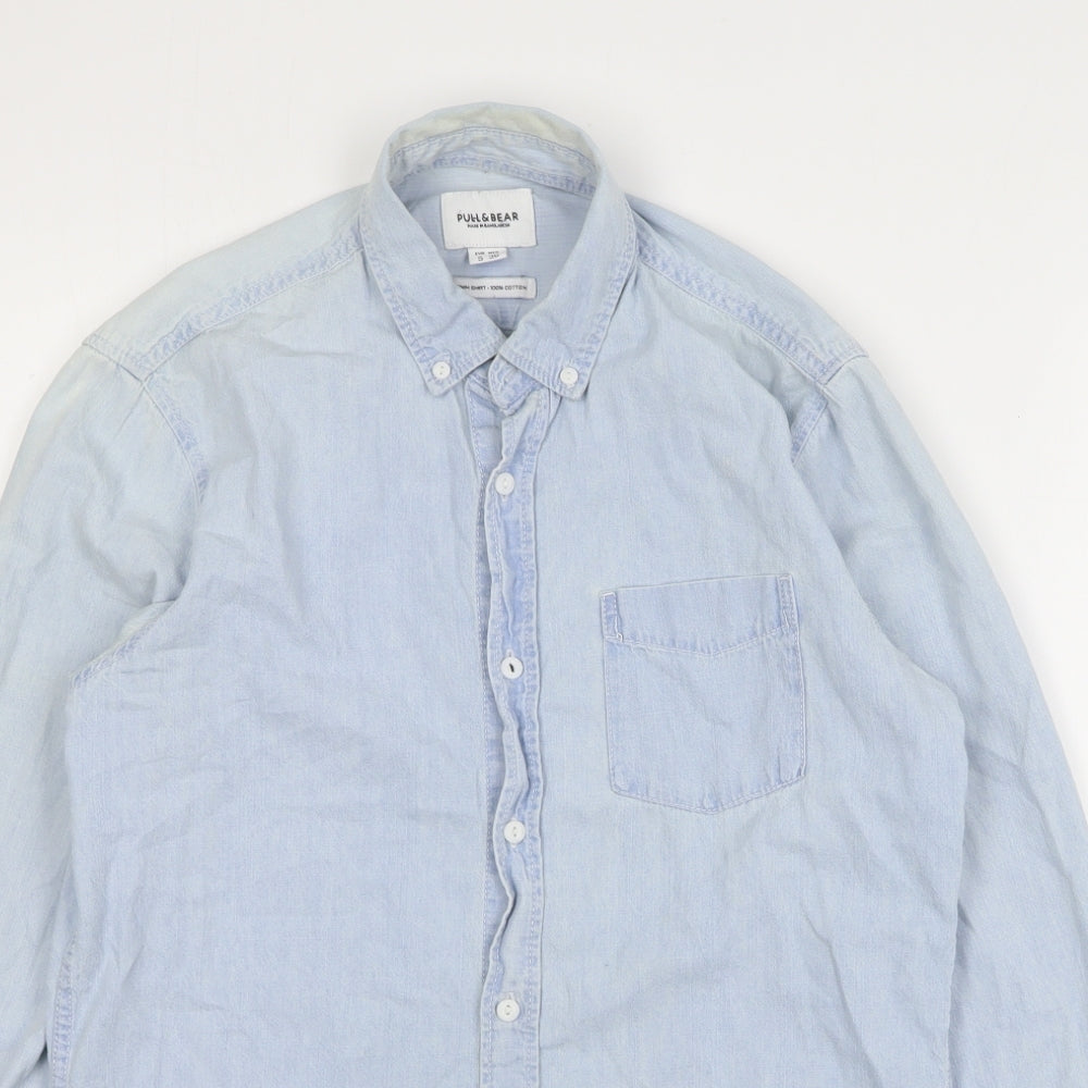 Pull&Bear Mens Blue Cotton Button-Up Size S Collared Button