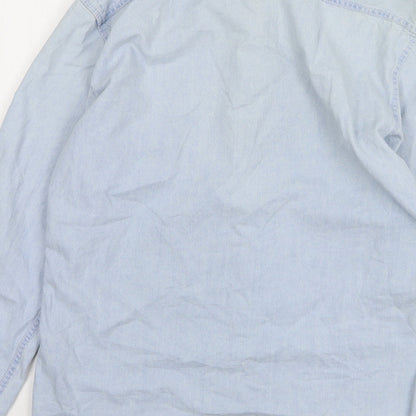 Pull&Bear Mens Blue Cotton Button-Up Size S Collared Button
