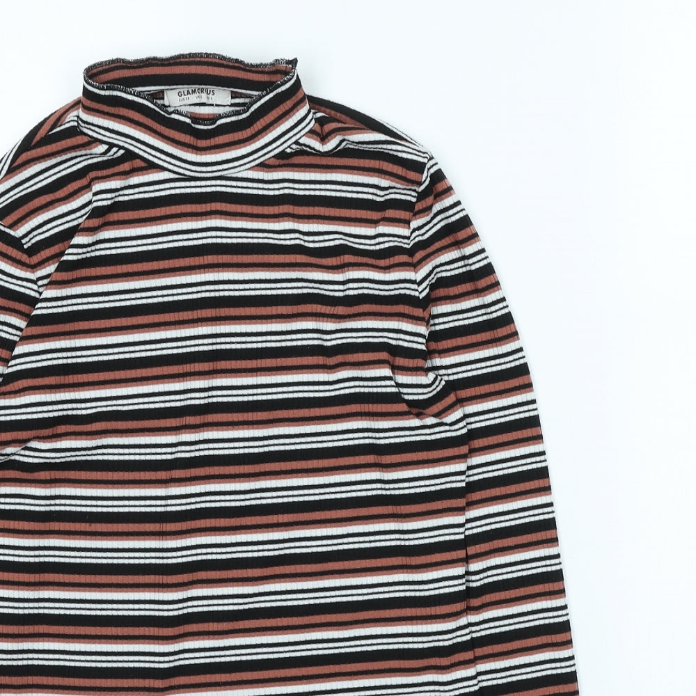 Glamorous Womens Multicoloured Striped Viscose Cropped T-Shirt Size 10 High Neck