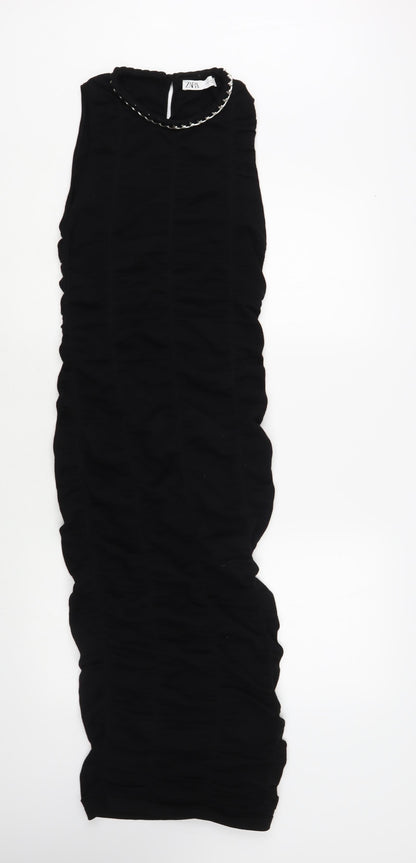Zara Womens Black Viscose Bodycon Size XS Round Neck Button - Embellished Neckline