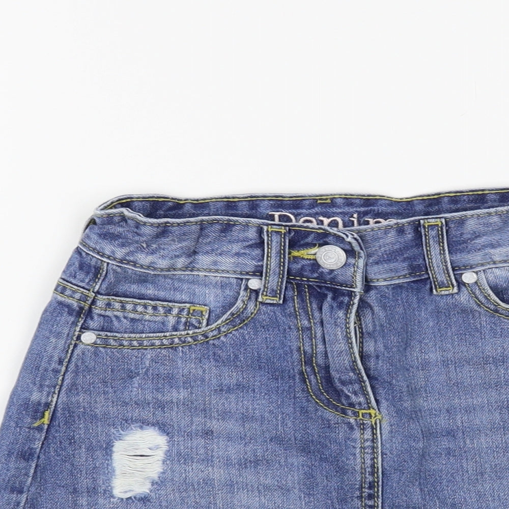 Matalan Girls Blue Cotton Mini Skirt Size 9 Years Regular Button