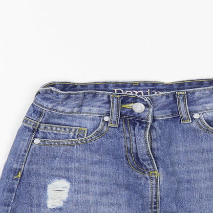 Matalan Girls Blue Cotton Mini Skirt Size 9 Years Regular Button