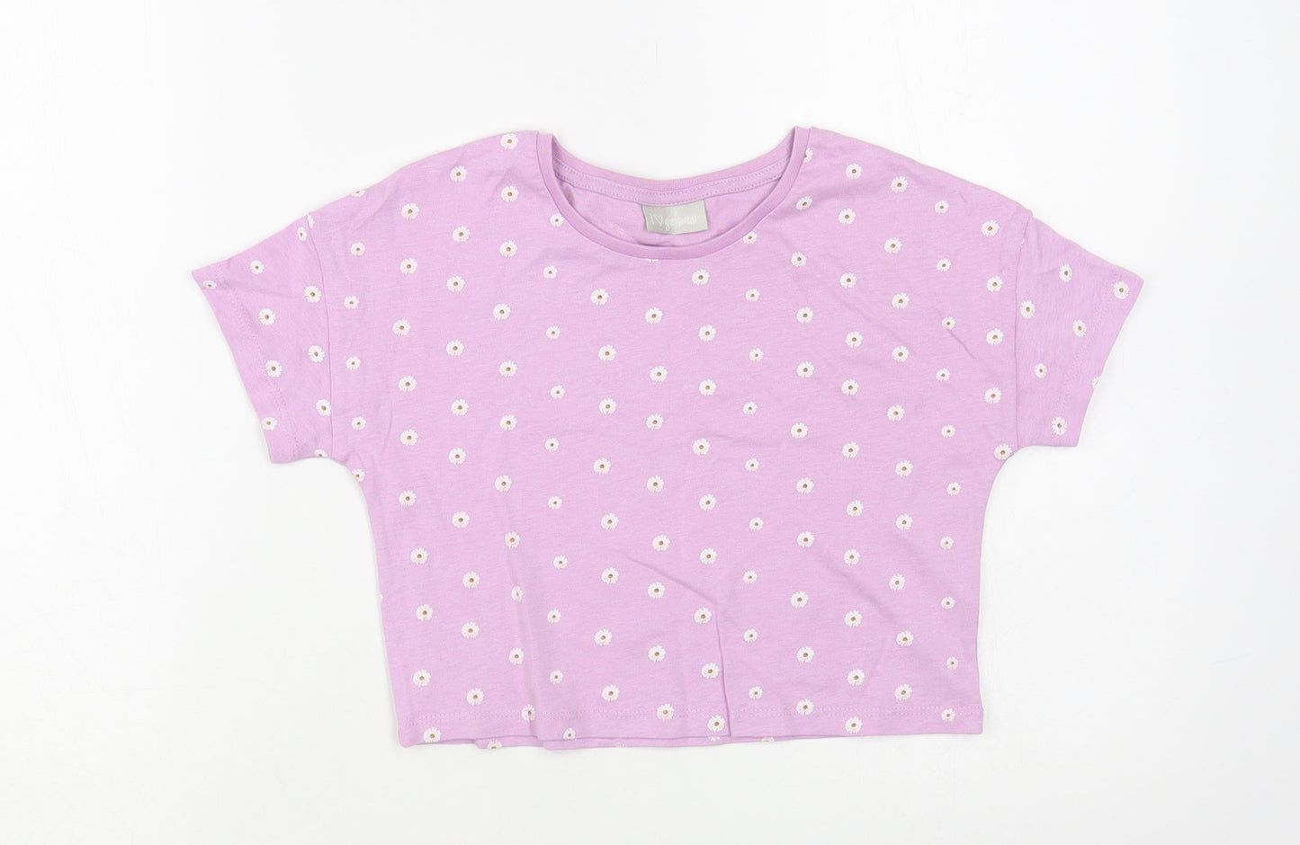 Matalan Girls Purple Floral Cotton Cropped T-Shirt Size 7 Years Crew Neck Pullover