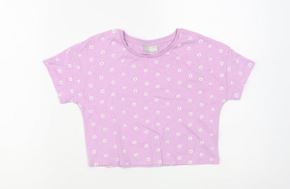 Matalan Girls Purple Floral Cotton Cropped T-Shirt Size 7 Years Crew Neck Pullover