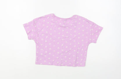 Matalan Girls Purple Floral Cotton Cropped T-Shirt Size 7 Years Crew Neck Pullover