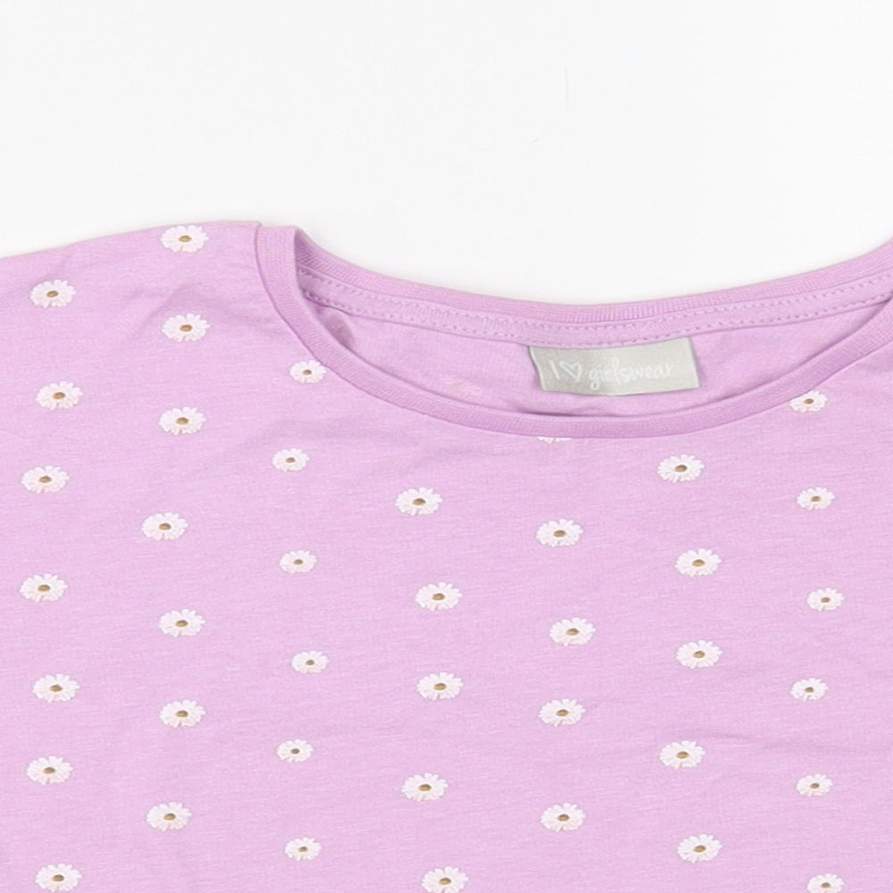 Matalan Girls Purple Floral Cotton Cropped T-Shirt Size 7 Years Crew Neck Pullover