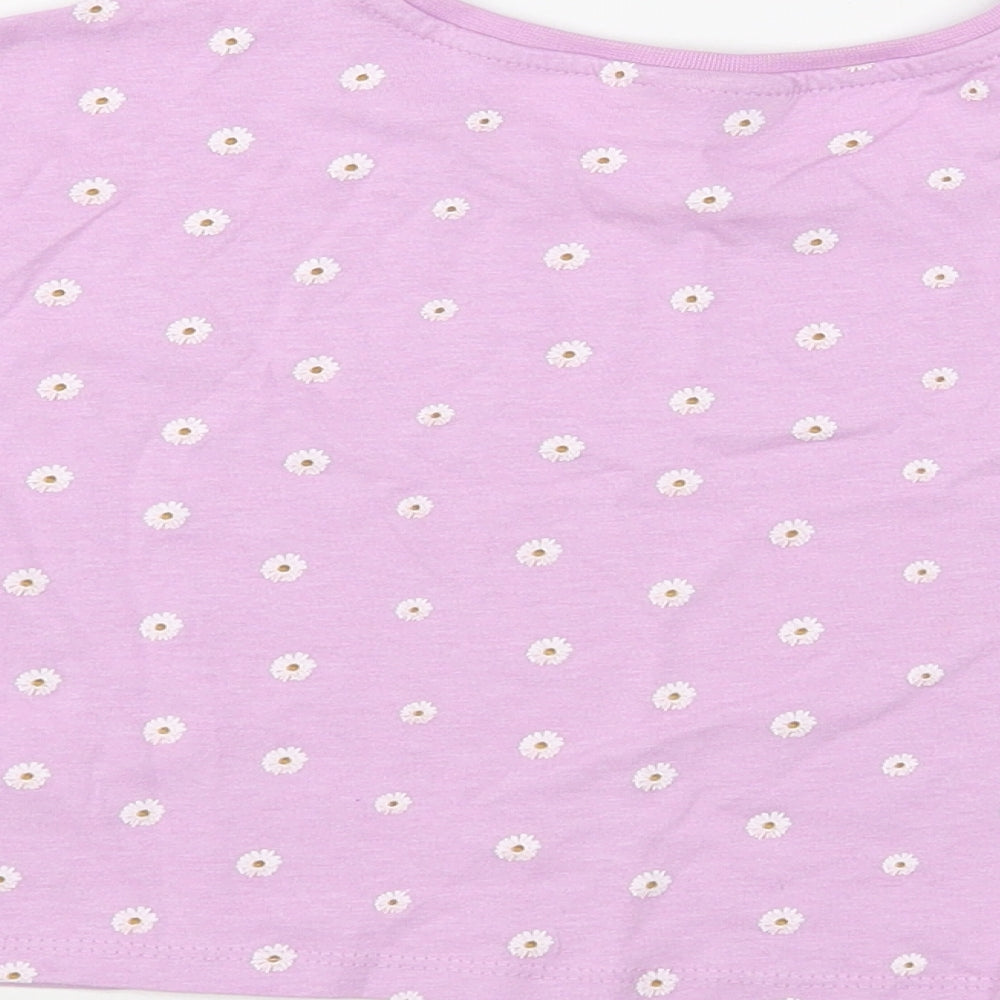 Matalan Girls Purple Floral Cotton Cropped T-Shirt Size 7 Years Crew Neck Pullover